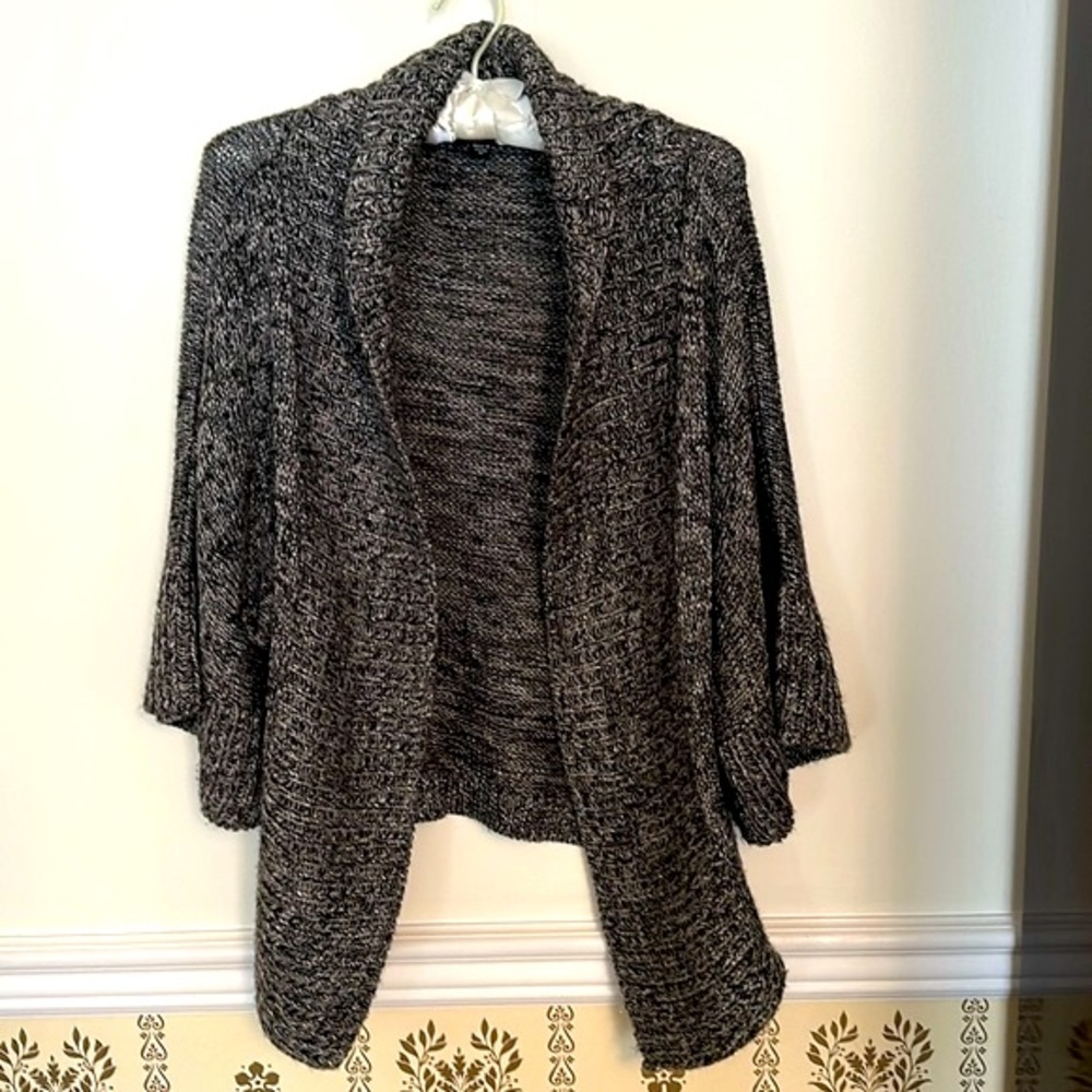 Bebe Open Front Cardigan Sweater M Shawl Collar Dark Grey Black 3/4 Bell Sleeves